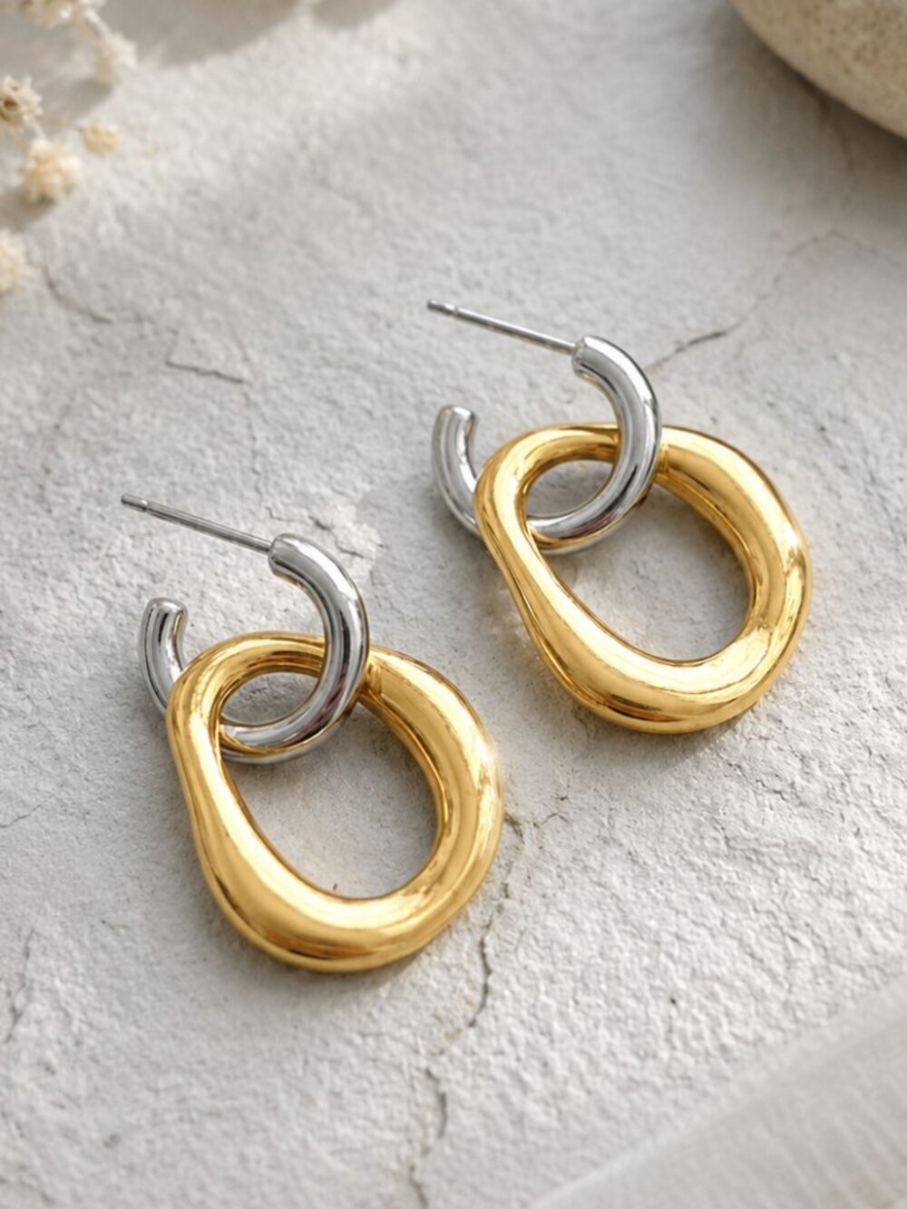 Two Tone Convertible Hoop Earrings 18K Gold Plated 316L SS 2in1 Old Money 1.06"